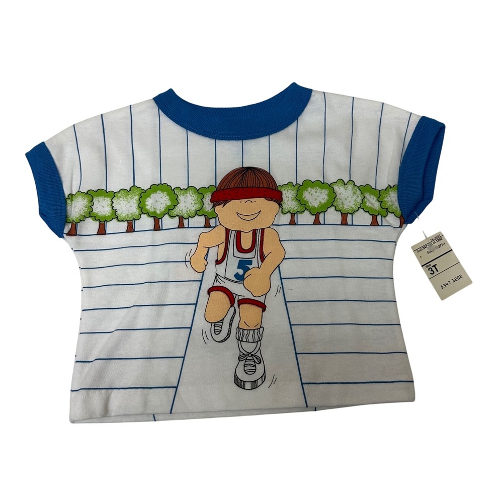 Vintage Baby Boy TShirt Size 3T Running Boy Graphic Print White Blue Stripes